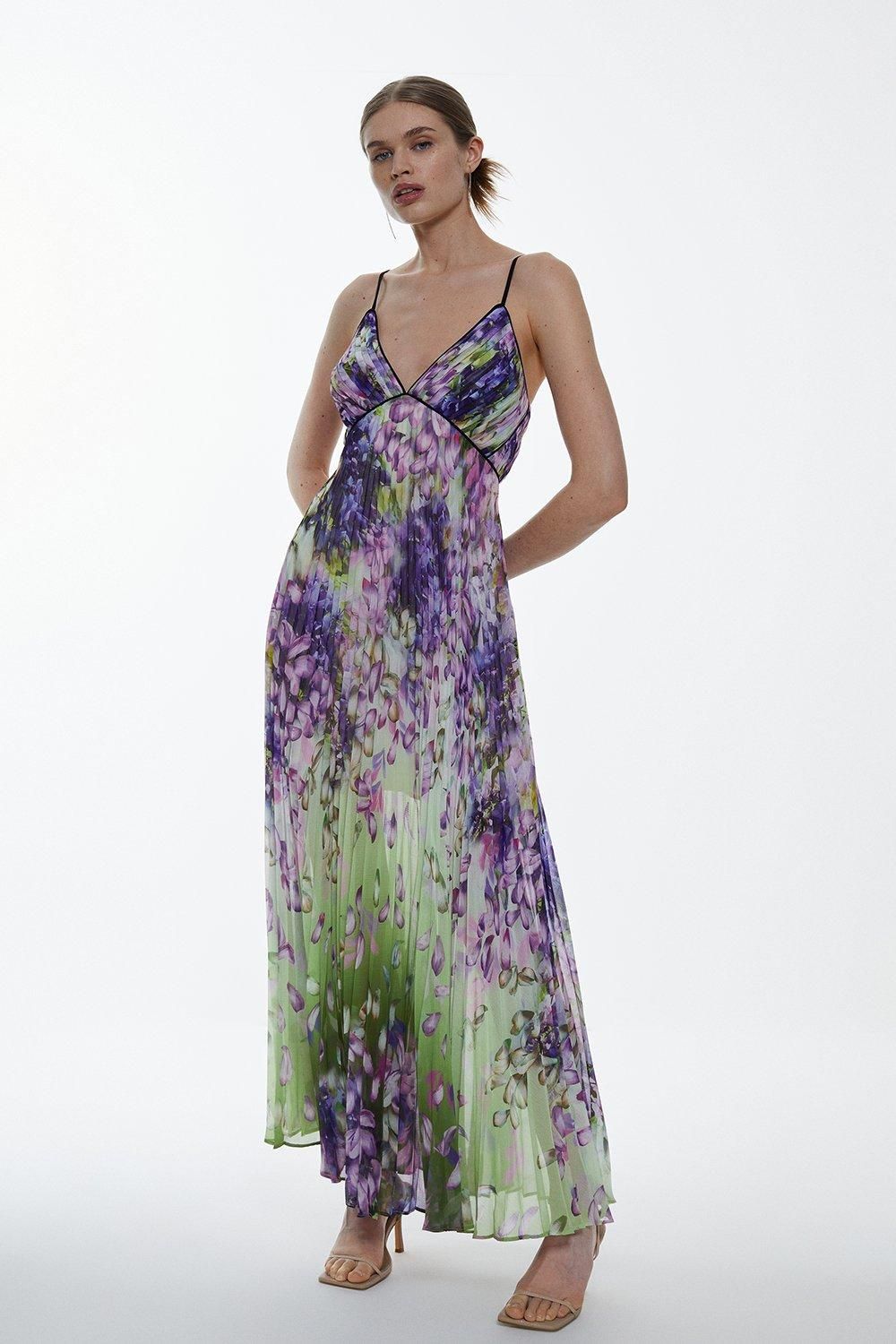 Cascading Floral Strappy Pleated Maxi Dress | Karen Millen UK + IE + DE + NL