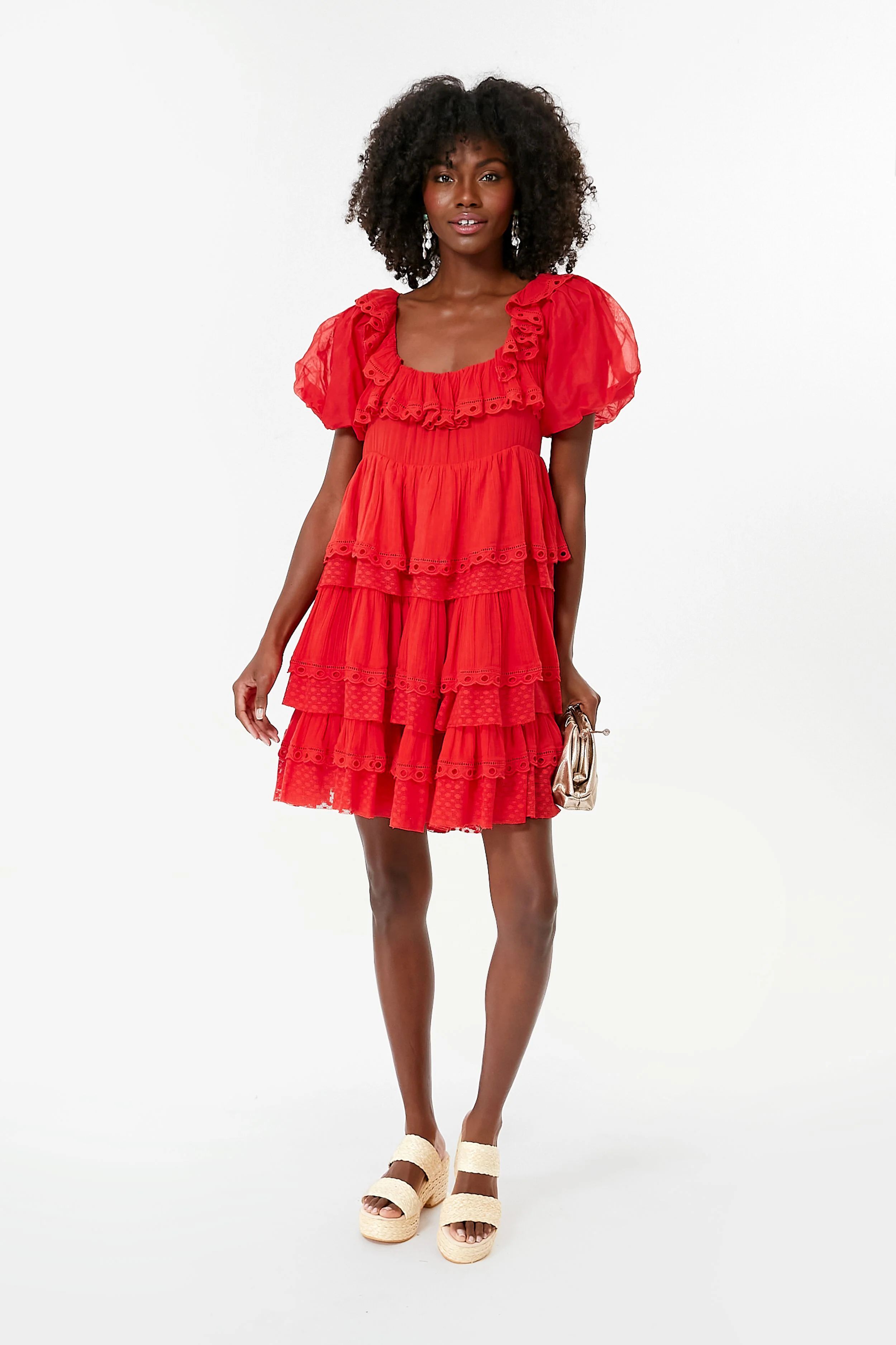 Poinciana Red Organdy Puff Sleeve Scalloped Layer Mini Dress | Tuckernuck (US)