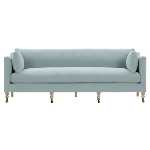 Madeline French Blue Upholstered Brown Wood Brass Casters Nailhead Sofa - 90"W | Kathy Kuo Home