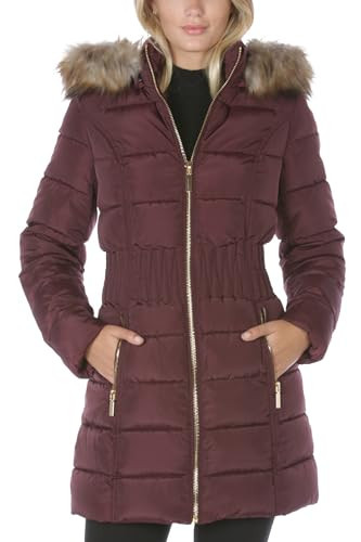 Laundry by Shelli Segal Women's Stretch Quilted Puffer Jacket – Long Winter Coat with Faux Fur Hood, Port Royal, Medium | Amazon (US)