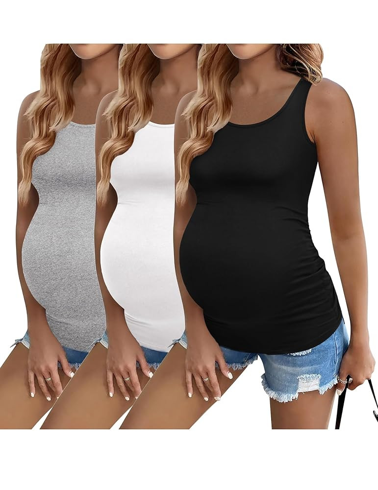 Ekouaer 3 Pack Women Maternity Tank Tops Ruch Side Basic Shirts Summer Postpartum Tops Sleeveless... | Amazon (US)