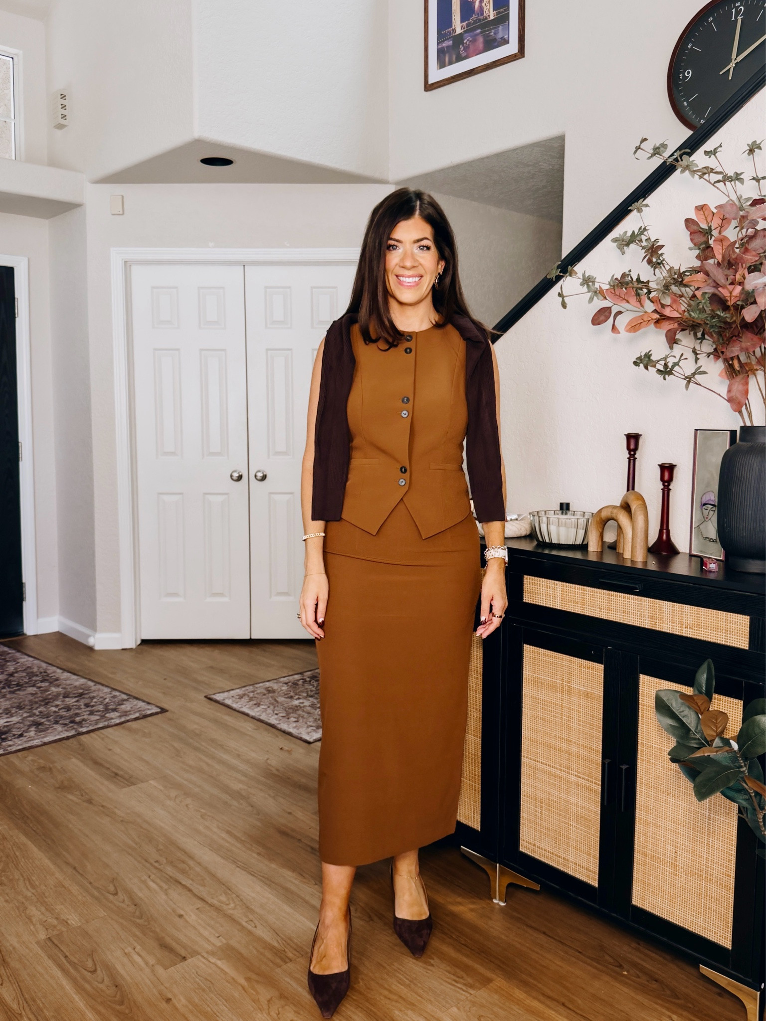 Tailored business professional workwear
In a medium vest
Medium sweater 
10 column skirt

#LTKMidsize #LTKTall #LTKWorkwear