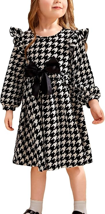 Floerns Toddler Girl's Houndstooth Print Bow Front Bishop Long Sleeve Dress | Amazon (US)