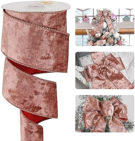HUIHUANG Rose Gold Velvet Wired Ribbon 2-1/2 inch, Christmas Velvet Ribbon for X-mas Tree, Large ... | Amazon (US)