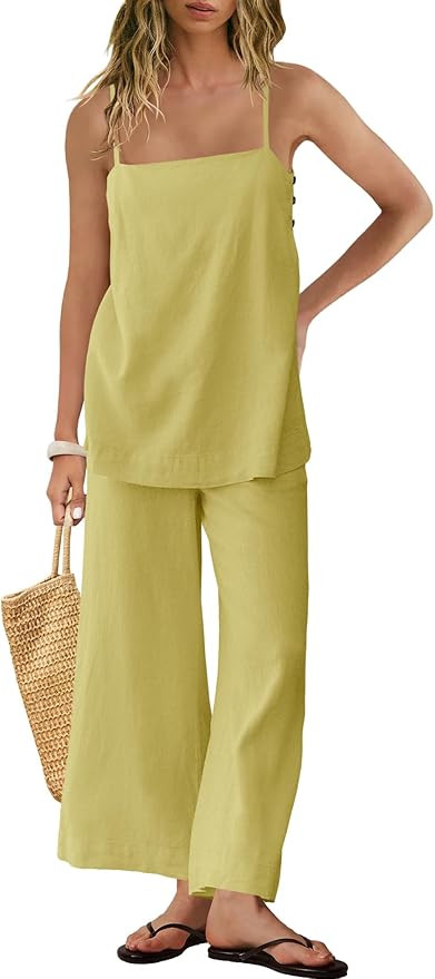 Panadila 2 Piece Linen Set Summer Travel Beach Vacation Outfit Sexy Spaghetti Strap Tank Top and ... | Amazon (US)
