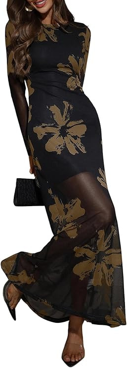 Verdusa Women's Floral Mesh Maxi Dresses Long Sleeve Elegant Formal Fall Wedding Guest Dress Cock... | Amazon (US)