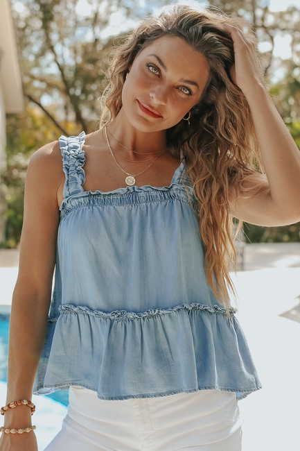 Ruffle Strap Chambray Peplum Tank | Magnolia Boutique