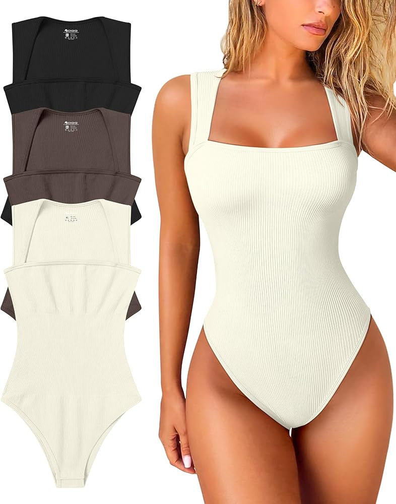 OQQ Women's 3 Piece Bodysuits Sexy Ribbed Strappy Square Neck Sleeveless Tummy Control Tank Tops ... | Amazon (US)
