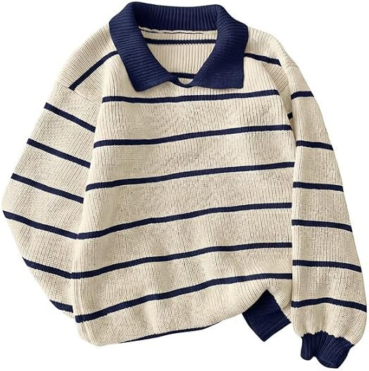 Womens Striped Collared Sweaters Oversized Fall Cozy Knit Pullover | Amazon (US)