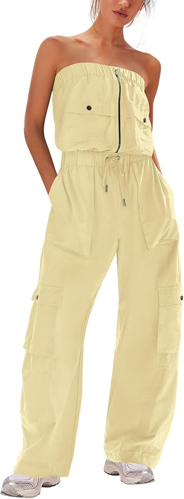 LAMISSCHE Womens Strapless Jumpsuits Cargo Pants Jumpsuits Off The Shoulder Tube Rompers One Piec... | Amazon (US)