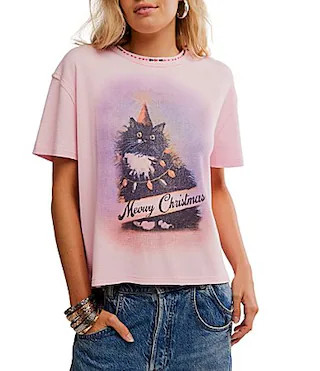 Free People Merry Meowy Christmas Scoop Neck Short Sleeve Kitten Graphic Tee - XL | Dillard's
