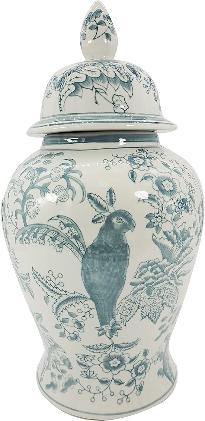 Galt International Teal Parrot Floral Chinoiserie Ceramic Temple Jar 18" w/ Lid - Ginger Jar Home... | Amazon (US)