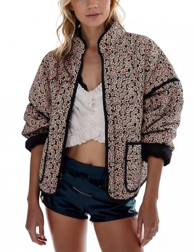 Omoone Women's Cropped Quilted Jacket Floral Printed LightWeight Padded Puffer Cardigan Coat Outwear(09PinkFloral-M) | Amazon (US)