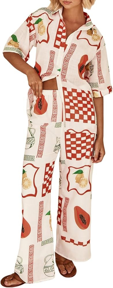 SOLILOQUY Women's 2 Pieces Boho Printed Outfits Short Sleeve Button Down Shirt Pants Sets Graffit... | Amazon (US)