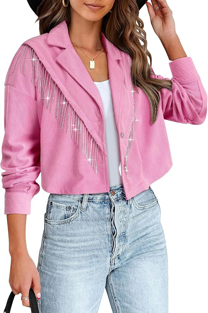 Nlife Womens Corduroy Crop Shirt Jacket Sparkly Rhinestone Fringe Shackets Nashville Concert Outf... | Amazon (US)