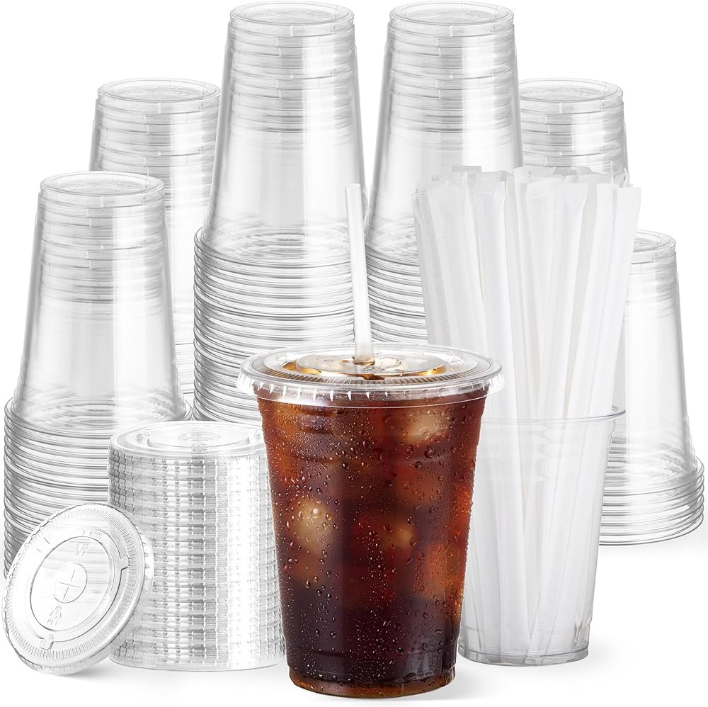 100 Pack 16 oz Clear Plastic Cups with Lids and Straws, Disposable Coffee Cups with Lids, To Go I... | Amazon (US)