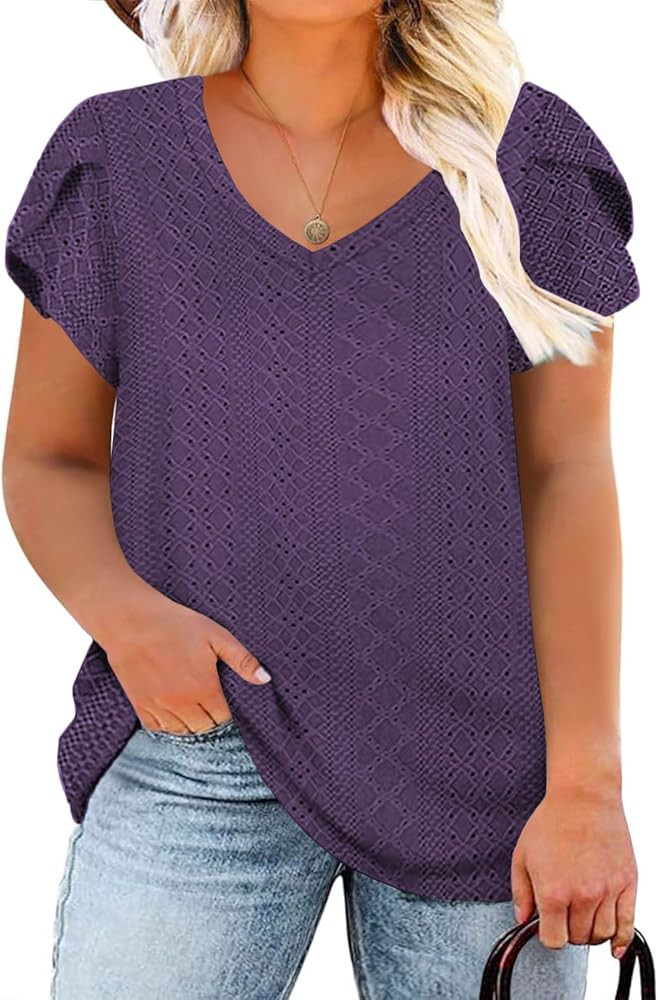 ROSRISS Womens Plus-Size Tops Summer V Neck Eyelet Petal Short Sleeve Shirts | Amazon (US)