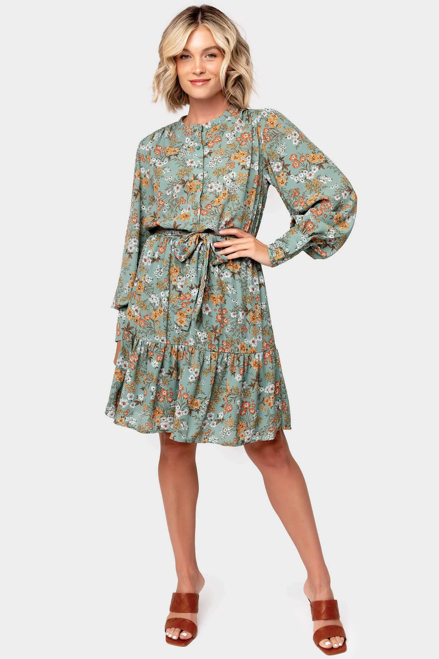 Blouson Long Sleeve Button Front Belted Dress | Gibson