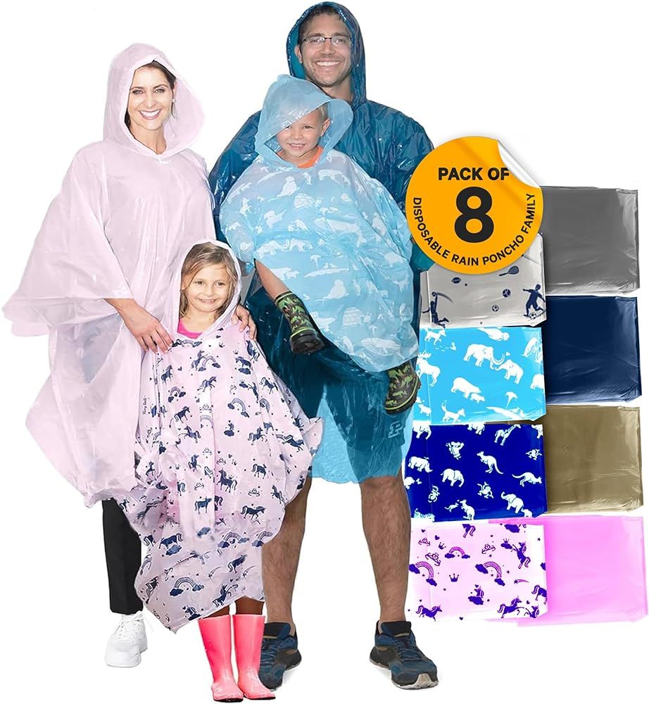 Unicorn Rain Ponchos Family Pack of 8 with 4 Adult and 4 Kids Ponchos in Multi Color | Amazon (US)