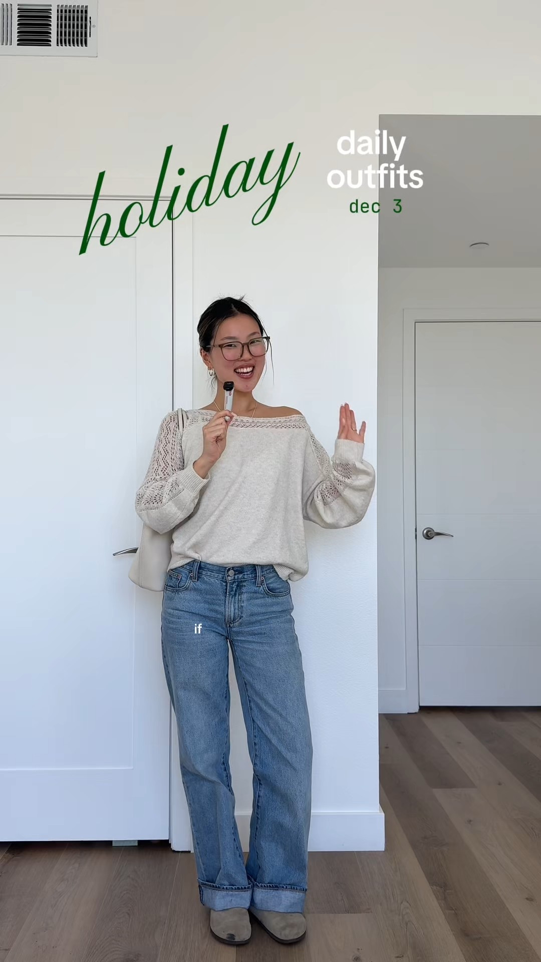 holiday outfit inspo - christmas tree picking outfit! 

wearing an XS in the sweater, 23 in jeans. the bag is sold out in white but linked black below! 

holiday outfits, christmas outfits, festive outfits, casual winter outfits, oatmeal color sweater, mid rise jeans, mid rise blue jeans, aritzia jeans, birkenstock clog outfits