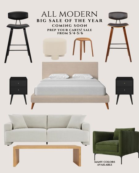 Get your carts ready! @AllModern Big Sale of the Year is happening 5/4 - 5/6 and it will be so good. Up to 70% of plus fast and free shipping.

Modern furniture. Modern bed platform. Modern sofa white. Modern coffee table rectangular. Modern accent chairs green. Black nightstands  modern. Modern counter stools. 

#allmodernpartner #modernmadesimple 

#LTKsalealert #LTKhome