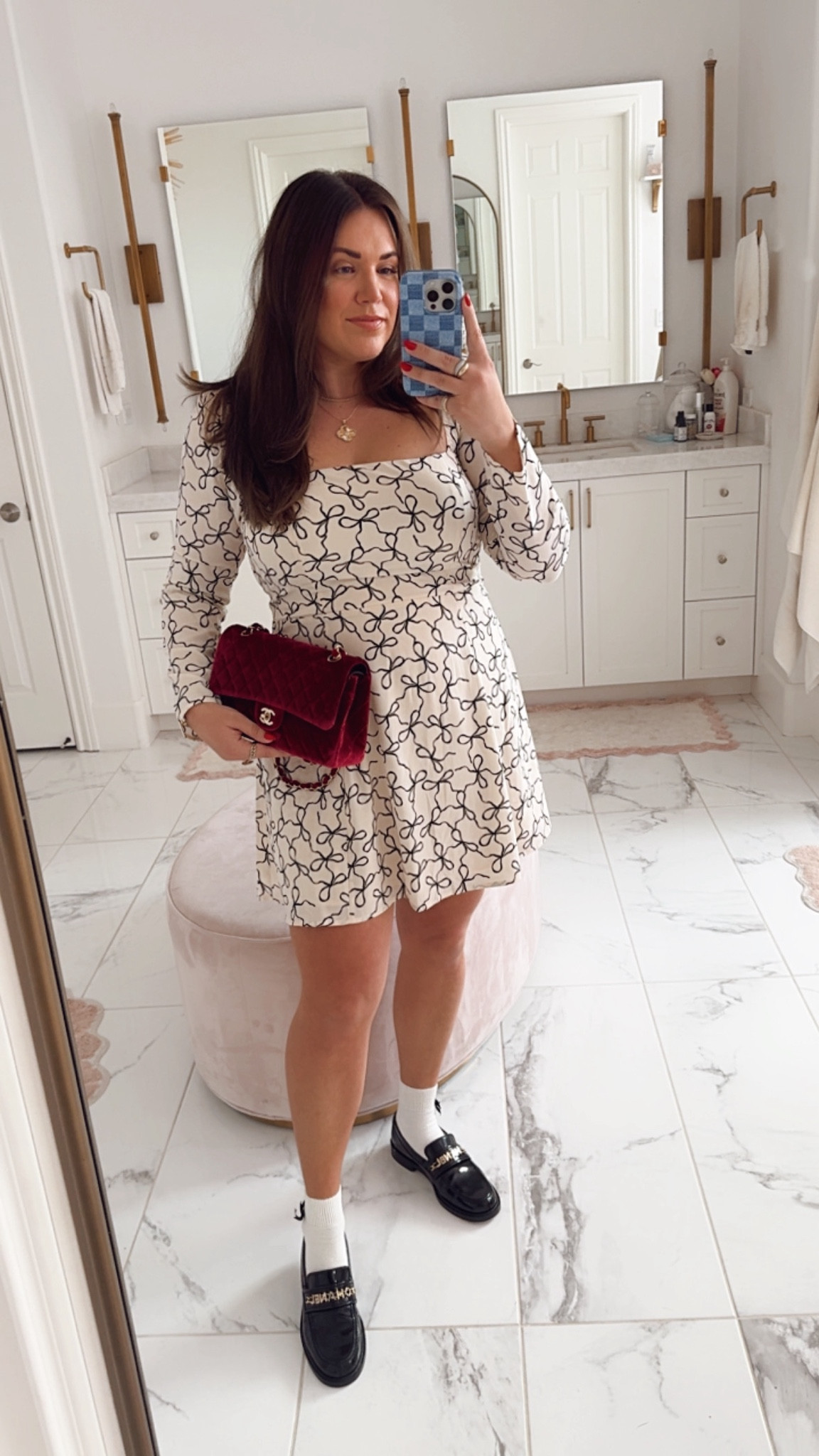 curvy long sleeve bow print mini dress for fall! wearing size large. linking similar loafers, mine are Chanel 

#LTKMidsize #LTKFindsUnder100 #LTKSeasonal