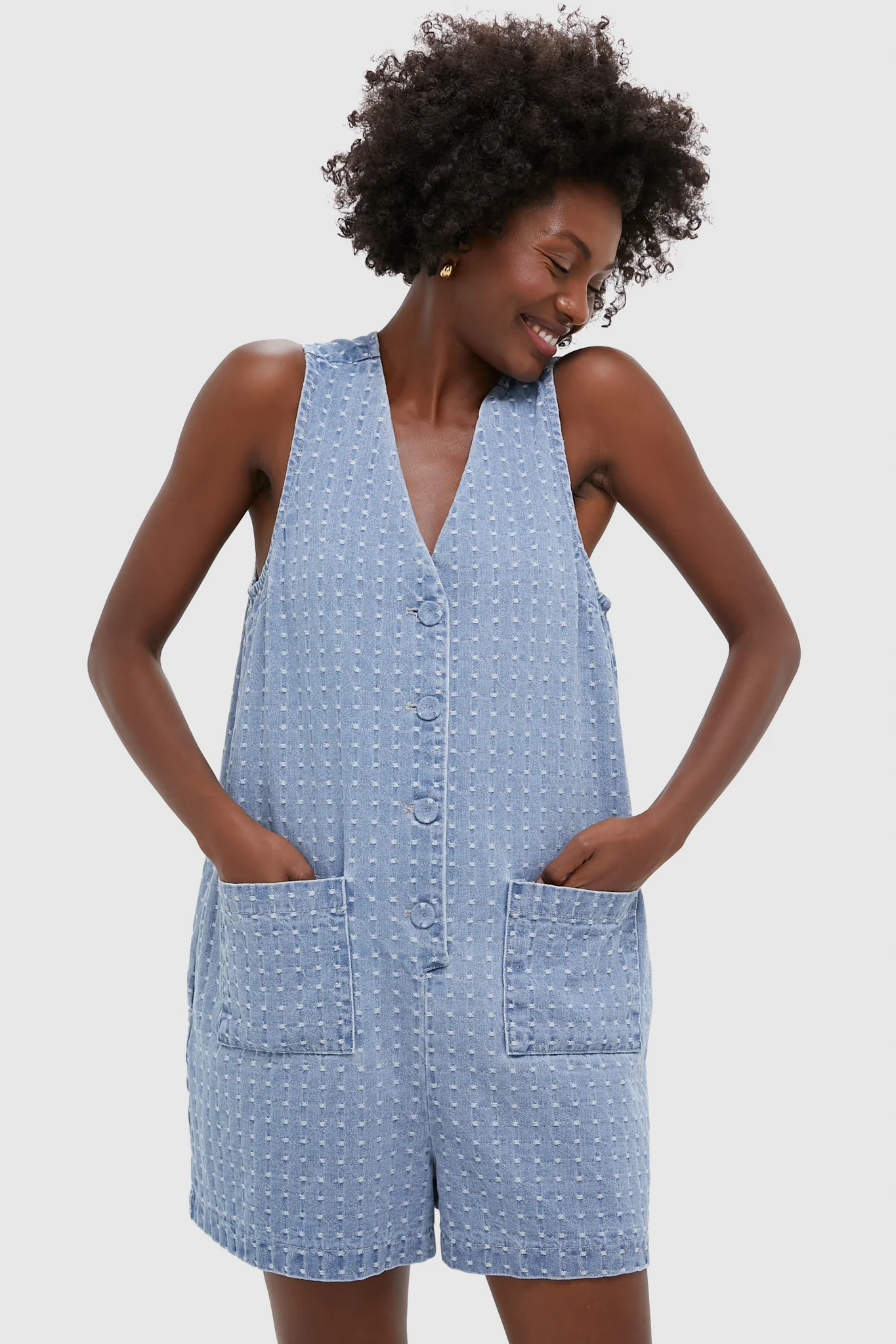 Light Wash Denim Dot Myla Romper | Tuckernuck (US)