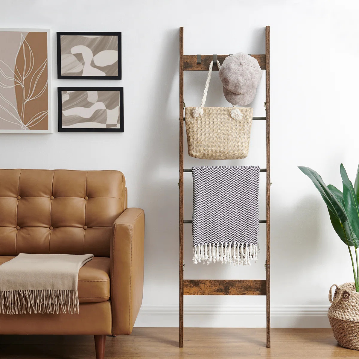 Blanket Ladder for Living Room, Decorative Quilt Rack with 4 Removable Hooks, 5-Tier Farmhouse La... | Wayfair North America