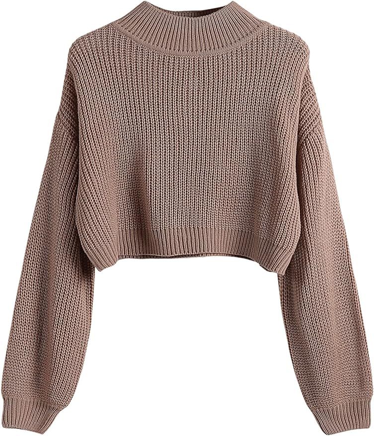 SweatyRocks Women's Long Sleeve Mock Neck Cropped Sweater Drop Shoulder Pullover Sweater Lantern ... | Amazon (US)