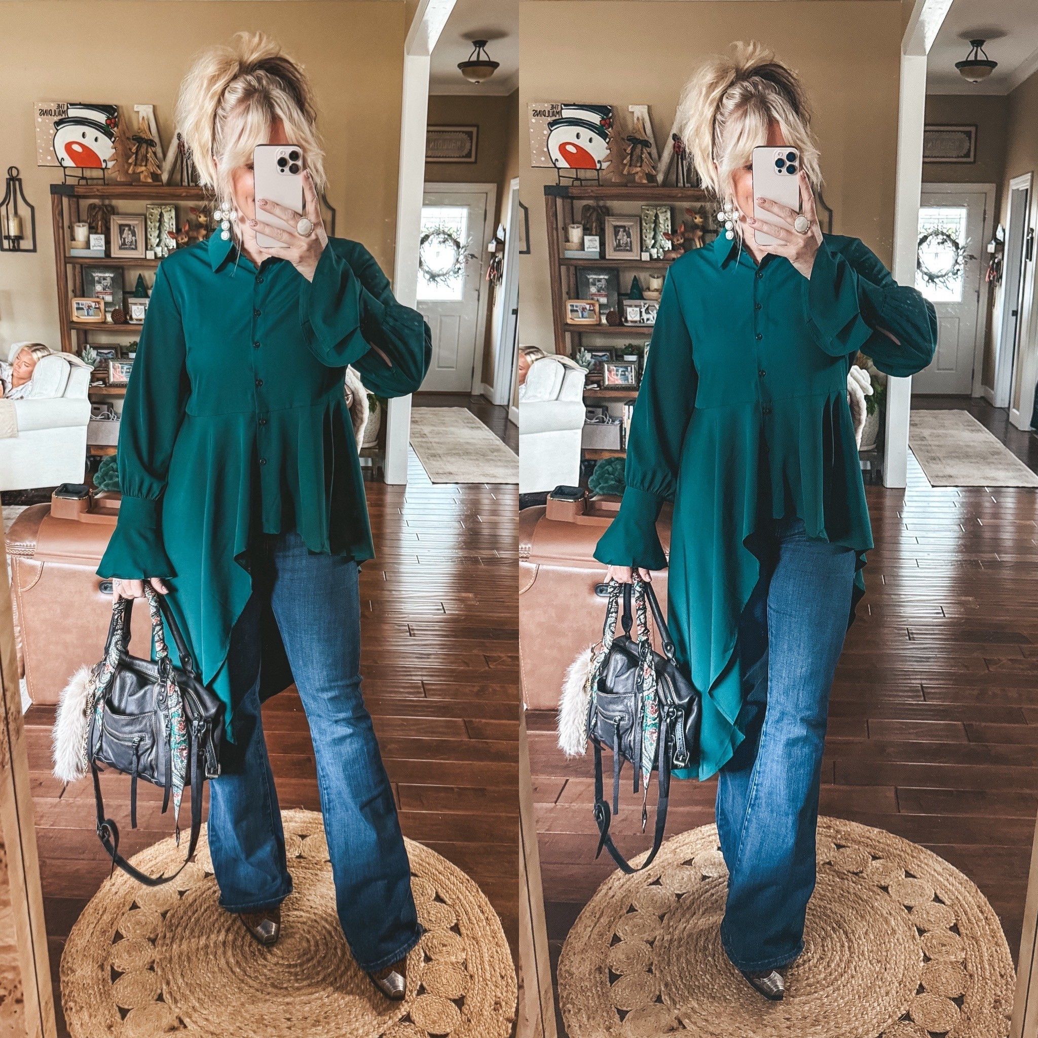 This asymmetrical top is a medium and these jeans are my true size 29  

#LTKOver40 #LTKFindsUnder50 #LTKootd