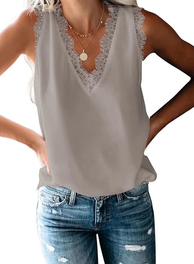 BLENCOT Women Lace Trim Tank Tops V Neck Fashion Casual Sleeveless Blouse Vest Shirts | Amazon (US)
