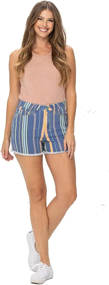 Judy Blue High Waist Striped Denim Fray Hem Shorts, 150190 | Amazon (US)