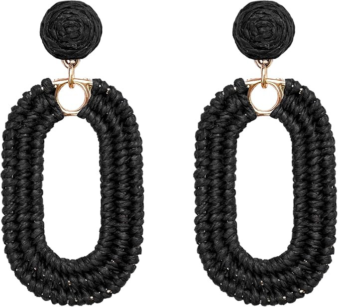 SELFWIMG Statement Raffia Earrings Boho Geometric Oval Drop Earrings for Summer Beach | Amazon (US)
