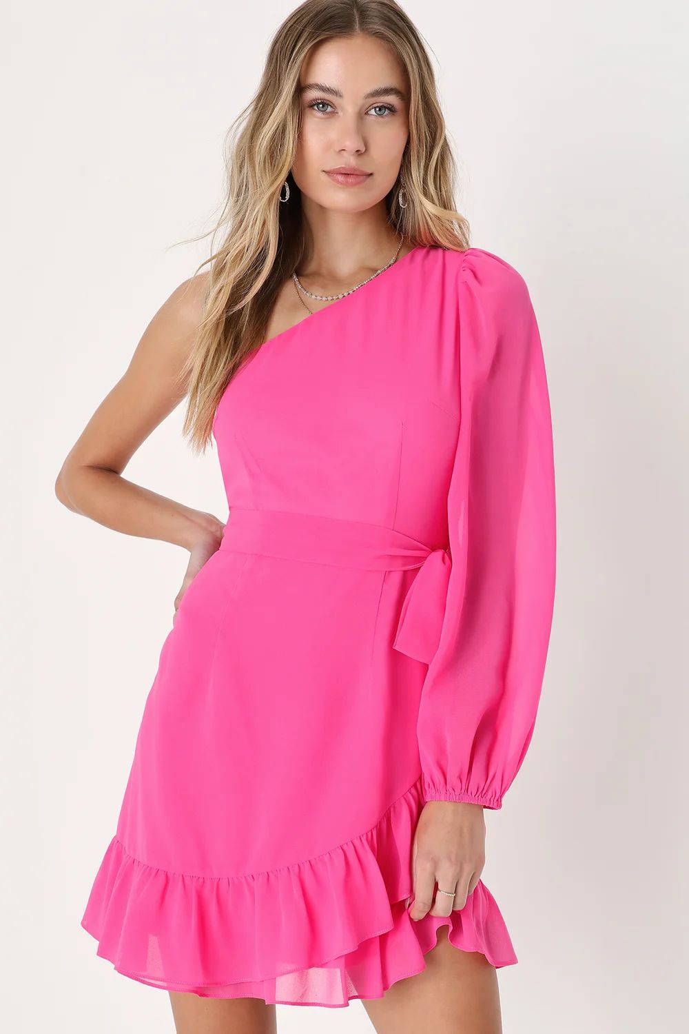 Popular Sweetie Bright Pink One-Shoulder Ruffled Mini Dress | Lulus (US)