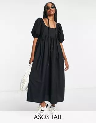 ASOS DESIGN Tall cotton jumbo scallop puff sleeve smock midi dress in black | ASOS (Global)