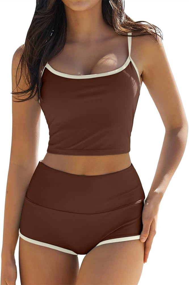 QINSEN Women's Two Piece Swimsuit Spaghetti Strap Crop Top with High Wasited Boyshort Style Bikin... | Amazon (US)