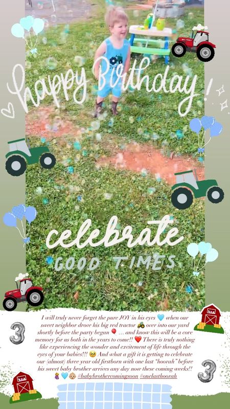 I will truly never forget the pure JOY in his eyes 🩵 when our sweet neighbor drove his big red tractor 🚜 over into our yard shortly before the party began 🎈… and know this will be a core memory for us both in the years to come!! ❤️ There is truly nothing like experiencing the wonder and excitement of life through the eyes of your babies!!! 🥹 And what a gift it is getting to celebrate our (almost) three year old firstborn with one last “hoorah” before his sweet baby brother arrives any day now these coming weeks!!🤰🩵👶🏼 #babybrothercomingsoon #onelasthoorah 

#LTKfamily #LTKSeasonal #LTKkids