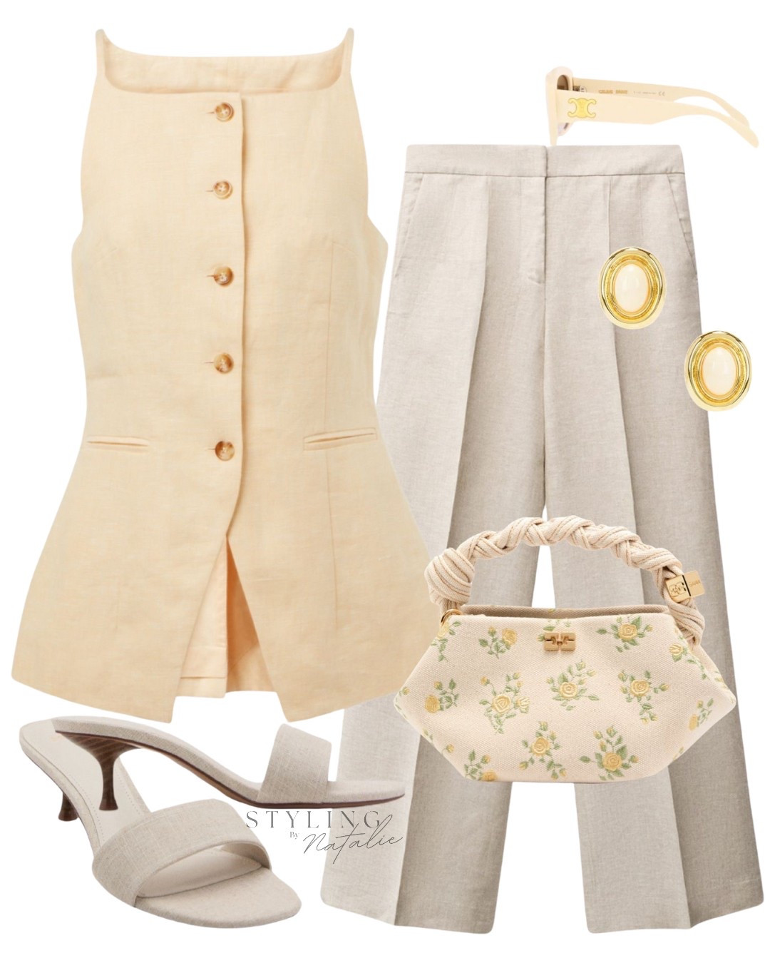 Summer outfit- Butter yellow waistcoat, linen tailored trousers, Ganni floral canvas tote, linen look kitten heel sandals , cream earrings and Celine sunglasses. Classy style, casual chic, date night, going out outfit, holiday look, vacation look, gilet, linen pants, yellow outfit, summer style

#LTKstyletip #LTKsummer #LTKAroundTheWorld