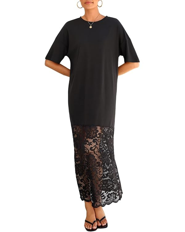 LOLONG Womens Short Sleeve Lace Patchwork Maxi Dress Summer 2026 Crew Neck Casual Long Dresses | Amazon (US)