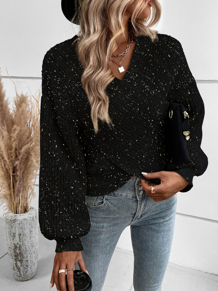 Wrap Cross Bishop Sleeve Marled Knit Sweater | SHEIN