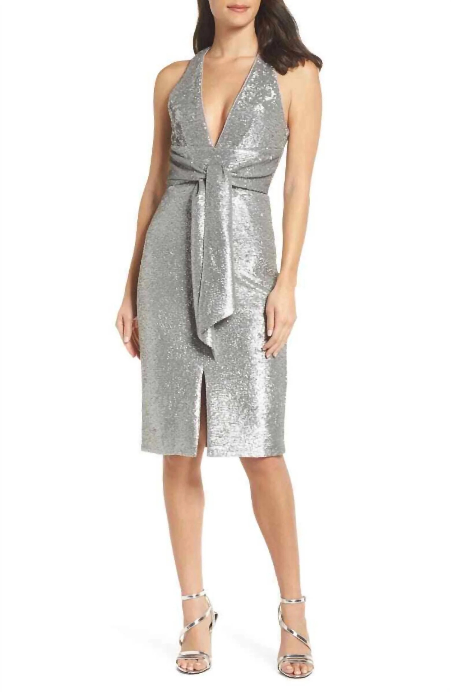 Plunge Neck Matte Sequin Sheath Dress In Silver | Shop Simon