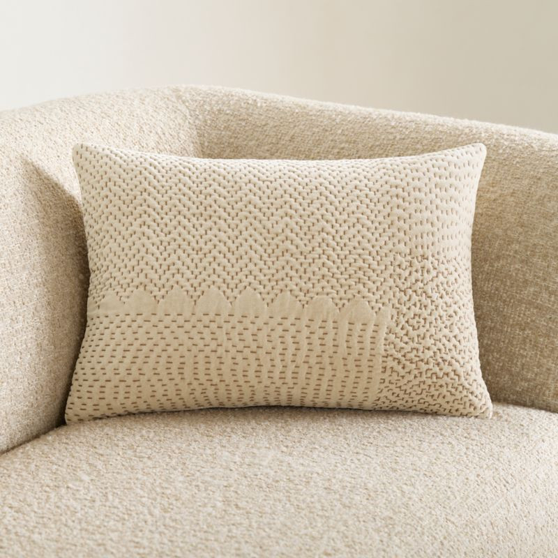 Sashiko Organic Cotton Velvet 22""x15"" Travertine Beige Throw Pillow Cover | Crate & Barrel