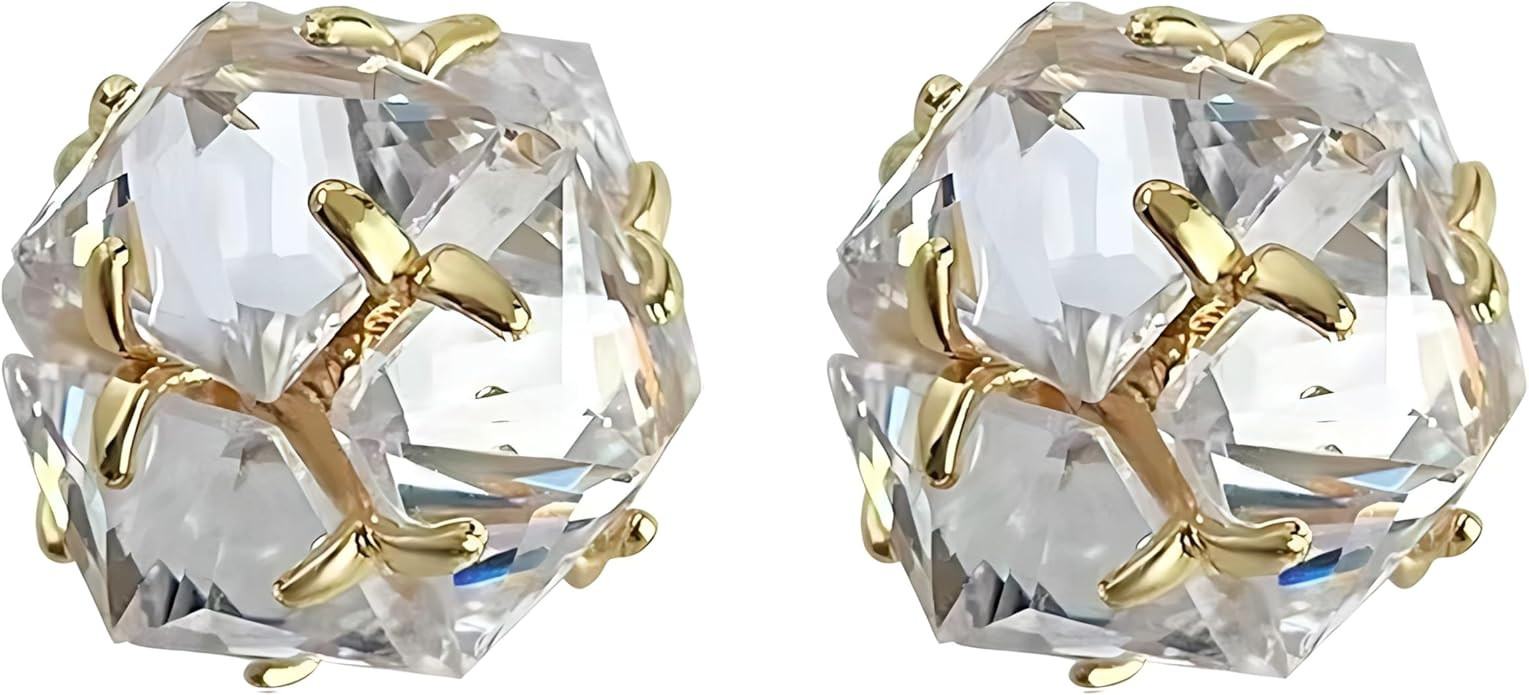 0.4 Inch Sparkling 3D Cut Zirconia Ball Stud Earrings, Gold Plated Claw Set Tiny Crystal Studs fo... | Amazon (US)