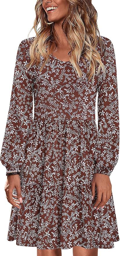 HOTOUCH Women Casual Tunic Dress V Neck Tiered Dress Long Sleeve Fit Swing Shift Dress with Pocke... | Amazon (US)