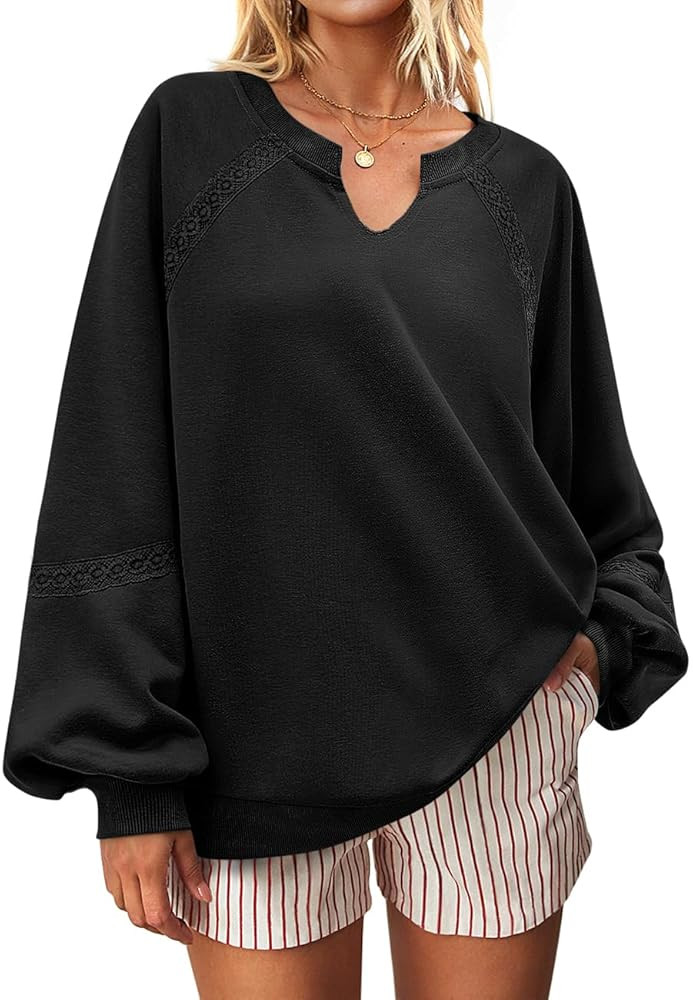 UEU Womens V Neck Crochet Sweatshirt Long Sleeve Oversized Pullover Loose Fit Casual Knit Tops Li... | Amazon (US)