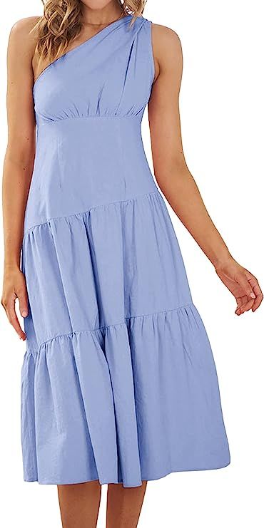 KIRUNDO Women's Summer Casual Dress Boho One Shoulder Midi Dress Sleeveless Solid Color Ruffle He... | Amazon (US)