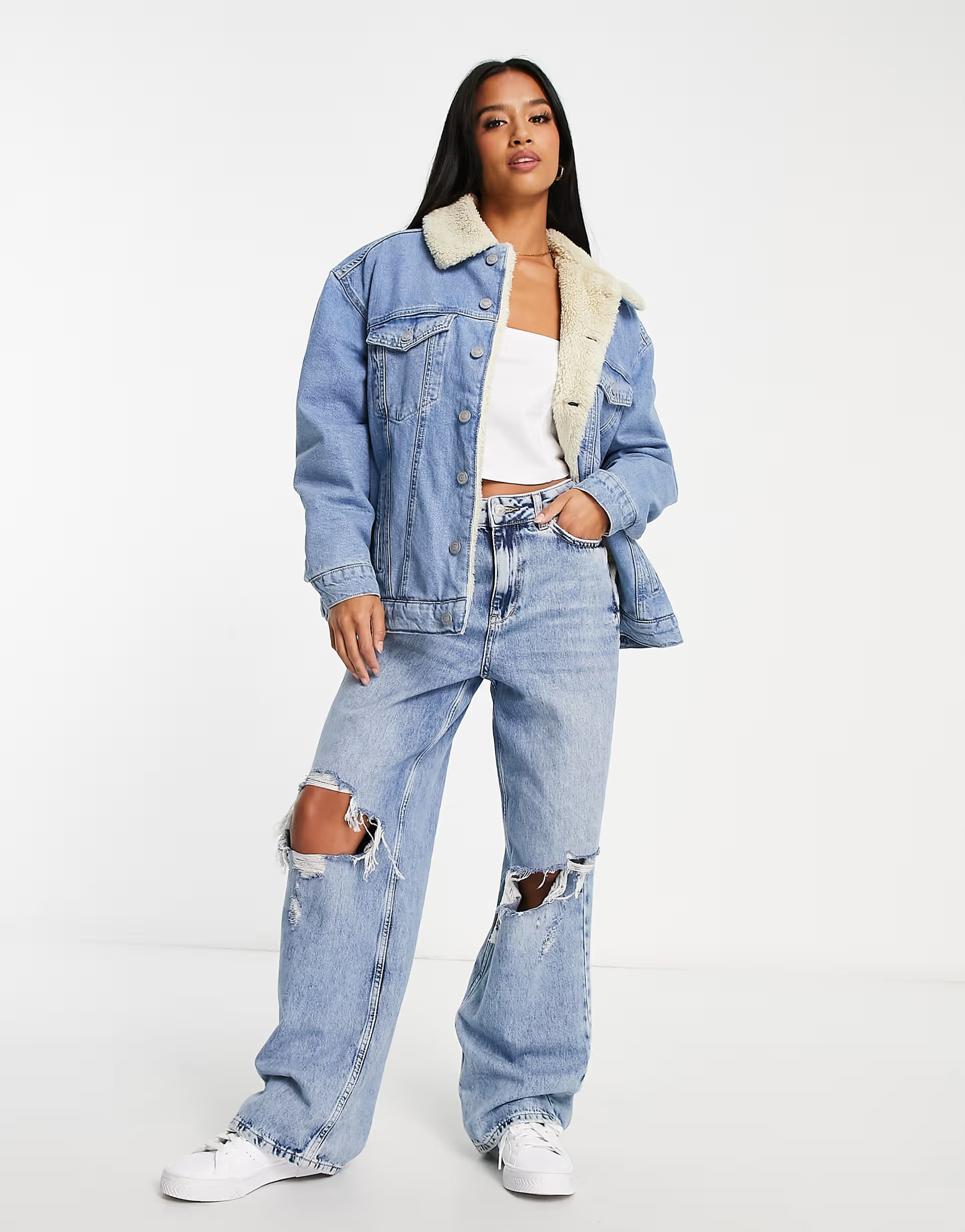 ASOS DESIGN Petite borg denim jacket in washed blue | ASOS (Global)