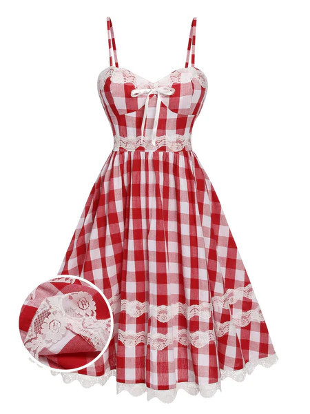 Red 1950s Plaid Lace Bow Strap Dress | Retro Stage