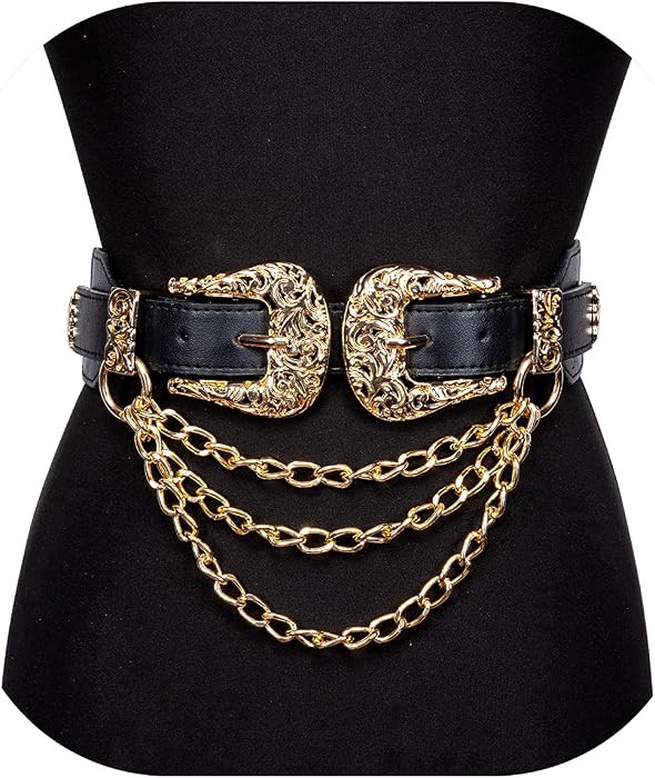 Womens Belt Chain Leather Belts Vintage Western Adjustable Elastic Double Buckle for Cowboy Pant ... | Amazon (US)
