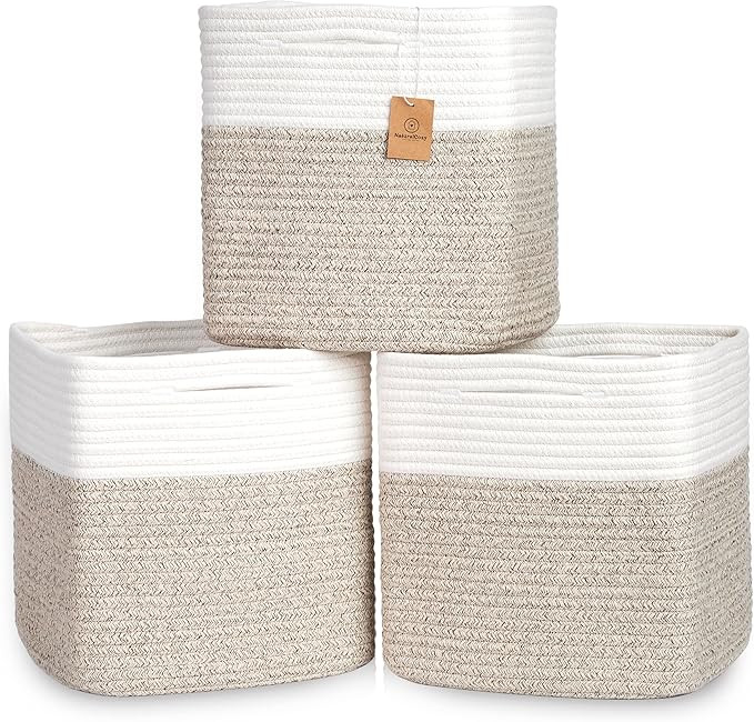 NaturalCozy 13 Inch Cube Storage Bins Cotton Rope Woven Baskets for Organizing 3-Pack | 13 x 13 S... | Amazon (US)